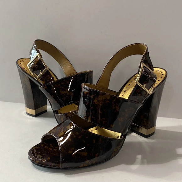 BCBGirls Brown Gold Tortoise Shell Patent Leather Ankle Strap Block Heels Size 9 - Picture 9 of 11